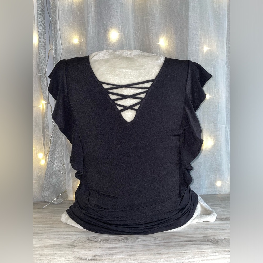 Bold Elements cut to curve Black Ruffle Sleeve top with criss-cross v-neck